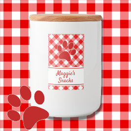 Cute Red White Gingham Checkered Pattern Paw Name Voedselcontainer Etiket