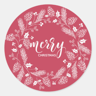 Cute Red & White Pine and Holly Kerstmis Ronde Sticker