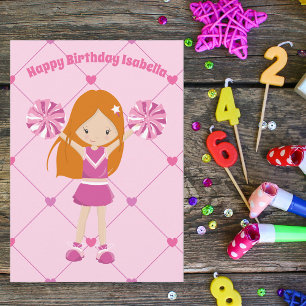Cute Redhead Cheerleader Pink Custom Birthday Kaart
