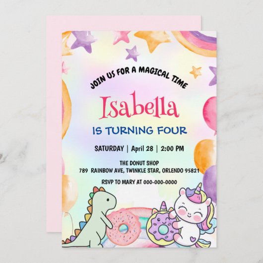 Cute Regenboog Donuts Dino Eenhoorn Verjaardagsfee Kaart (Voorkant / Achterkant)
