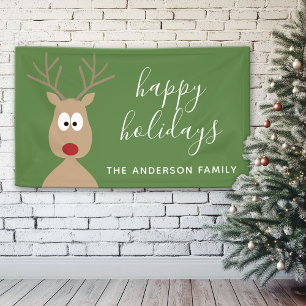 Cute Reindeer Cartoon met Family Greeting green Spandoek