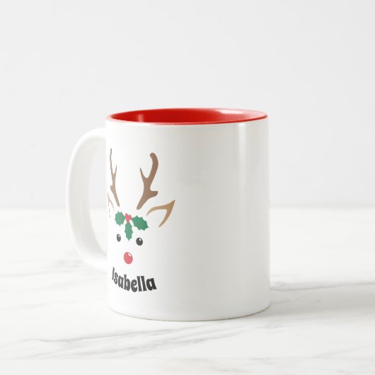 Cute Reindeer Face | Gepersonaliseerd kerstfeest Tweekleurige Koffiemok (Voorkant links)