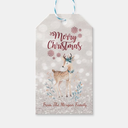 Cute Reindeer Glittery Bokeh Cadeaulabel (Voorkant)