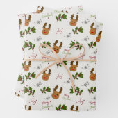 Cute Reindeer & Holly Christmas Pattern Inpakpapier Vel (In situ)