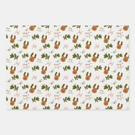 Cute Reindeer & Holly Christmas Pattern Inpakpapier Vel (Voorkant)