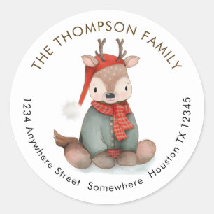 Cute Reindeer Kerstmis Naam Adres Ronde Sticker