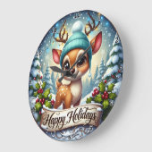 Cute Reindeer Lights Happy Holidays Grote Klok (Hoek)
