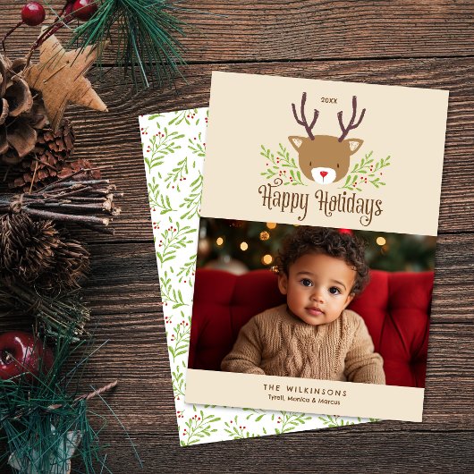 Cute Reindeer Neutral Joyeux Carte photo de vacanc