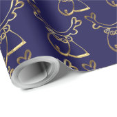 Cute Reindeer Pattern Faux Gold Blue Kerstmis Cadeaupapier (Rol Hoek)