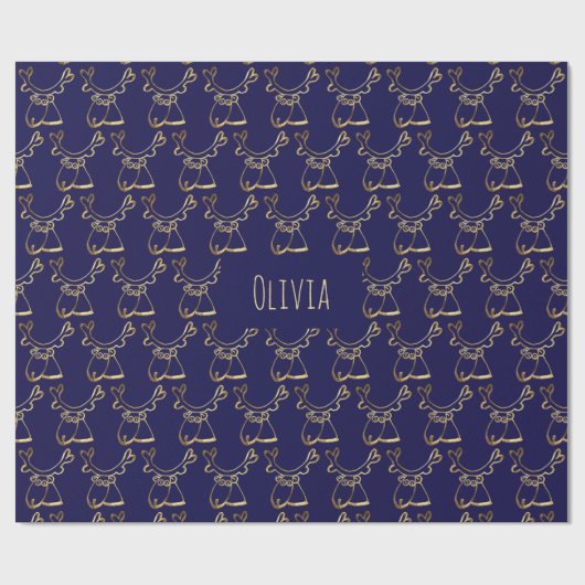 Cute Reindeer Pattern Faux Gold Blue Kerstmis Cadeaupapier (Vlak)