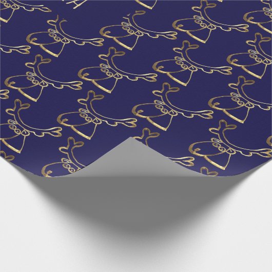 Cute Reindeer Pattern Faux Gold Blue Kerstmis Cadeaupapier (Hoek)