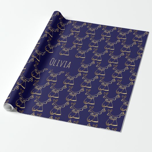 Cute Reindeer Pattern Faux Gold Blue Kerstmis Cadeaupapier (Uitgerold)