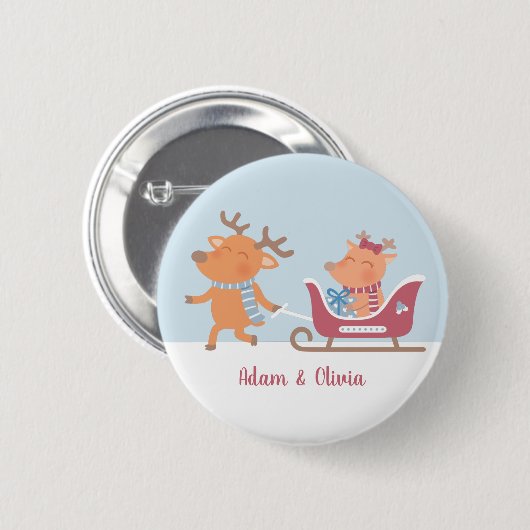 Cute Reindeer Pulls Sleigh Kerstmis Button (Voorkant /achterkant)