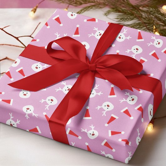 Cute Reindeer Santa Hat Modern Christmas Pattern Cadeaupapier
