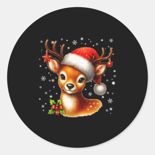 Cute Reindeer Santa Hat Rednose Christmas Xmas Wom Ronde Sticker (Voorkant)