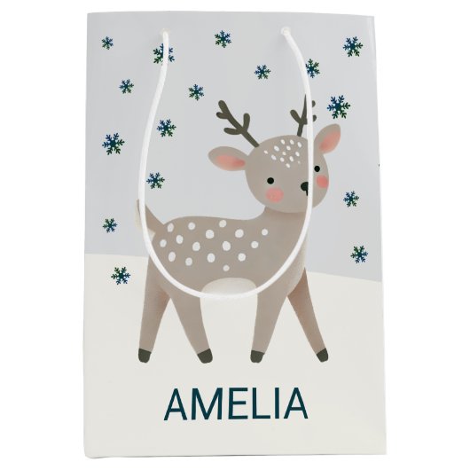 Cute Reindeer Snowflakes Drawing Christmas Name Medium Cadeauzakje (Voorkant)