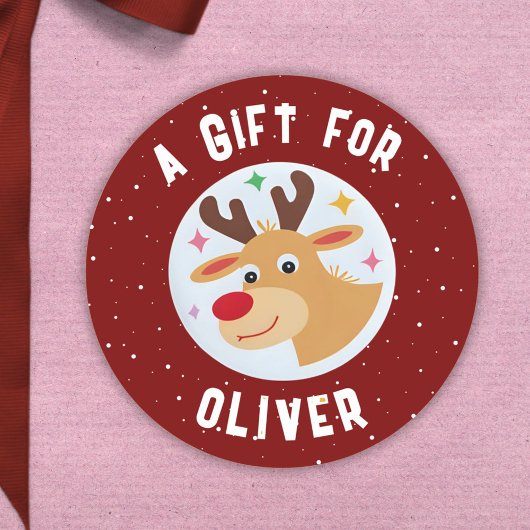 Cute Reindeer Snowflakes Kid`s Name Christmas Ronde Sticker