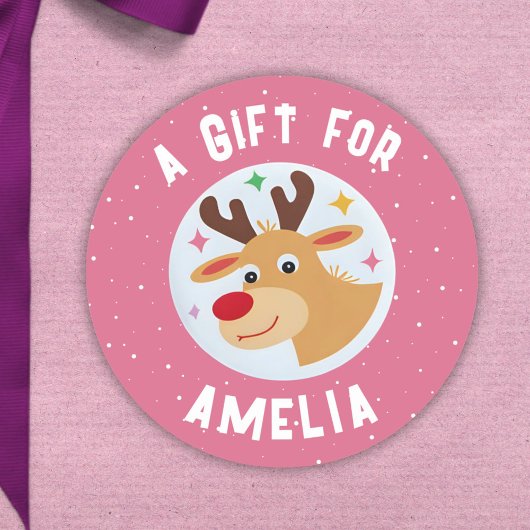 Cute Reindeer Snowflakes Kid`s Name Christmas Ronde Sticker