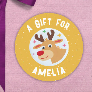 Cute Rendier Sneeuwvlokken Kind Naam Kerstmis Ronde Sticker