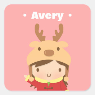 Cute Rendierhoed Meisje Kinderen Kerstvullers Vierkante Sticker