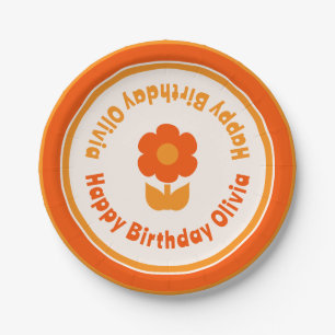 Cute Retro 70s Flower Happy Birthday Sinaasappel Papieren Bordje