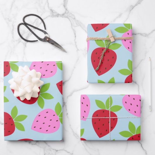 Cute Retro Aardbery Fruit Pattern Pink Red Blue Inpakpapier Vel (Voorkant)