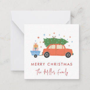 Cute Retro-auto met Kerstboom Vakantie  Notitiekaartje