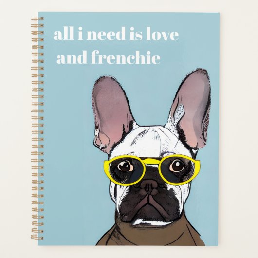 Cute Retro Blue French bulledog met neonbril Planner (Voorkant)