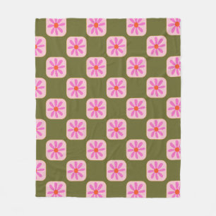 Cute Retro Boho Checkerboard Flower Green Roze Fleece Deken