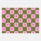 Cute Retro Boho Checkerboard Flower Green Roze Inpakpapier Vel (Voorkant 2)