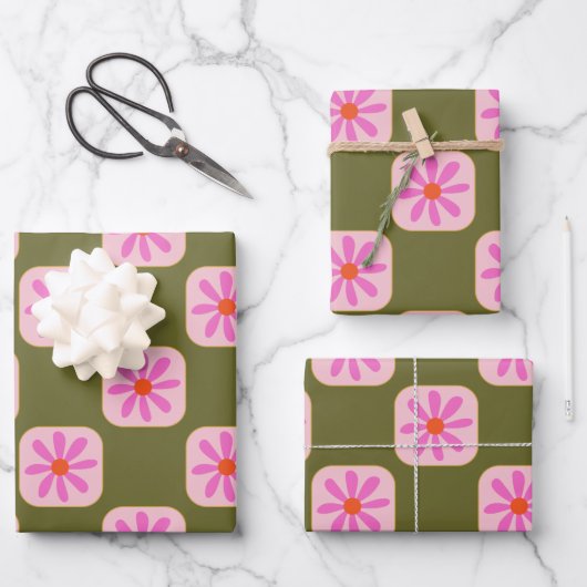 Cute Retro Boho Checkerboard Flower Green Roze Inpakpapier Vel (Voorkant)