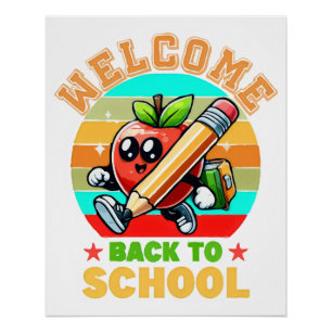 Cute Retro Cartoon Appel Welkom terug op school Perfect Poster