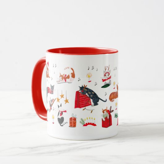Cute retro cat red Christmas pattern  Mug Mok (Voorkant links)