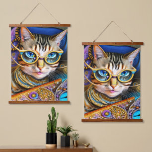 Cute Retro Cat Wearing Glasses Hangend Wandkleed