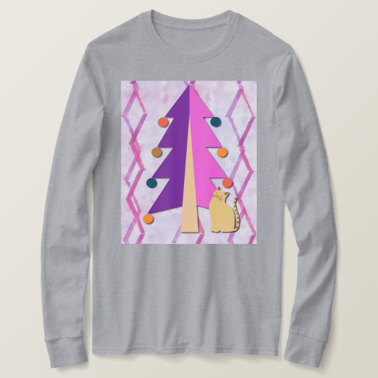 Cute Retro Christmas Tree and Cat Art on T-Shirt (Design devant)