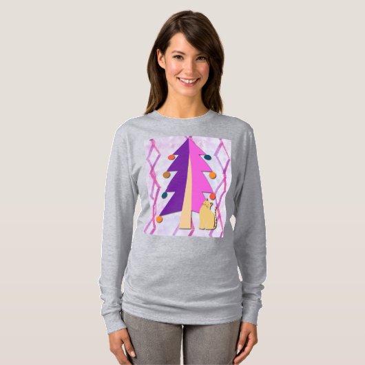Cute Retro Christmas Tree and Cat Art on T-Shirt (Voorkant volledig)