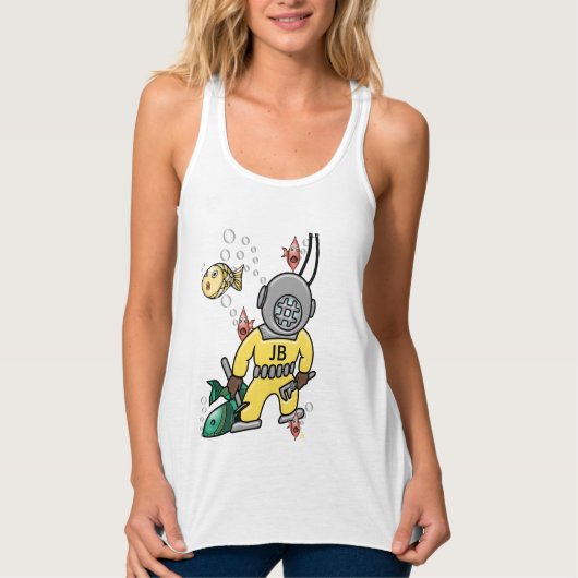 Cute Retro Deep Sea Diver and Fish - Monogrammed Tanktop (Voorkant)