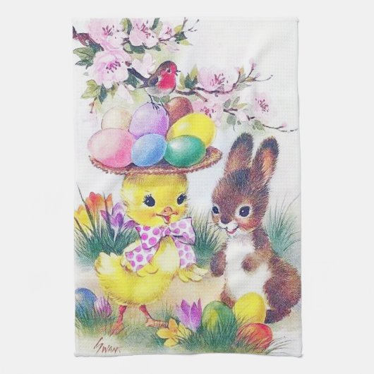 Cute retro Easter bunny chick Holiday Theedoek (Verticaal)