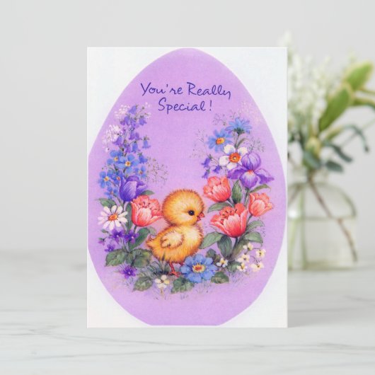 Cute retro  Easter chick add message Feestdagenkaart (Staand voorkant)