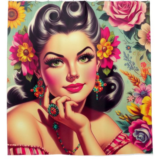 Cute Retro Floral Pin-up Portrait Douchegordijn (Voorkant)