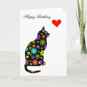 Cute Retro Girly Birthday Floral Cat Feline Heart Kaart