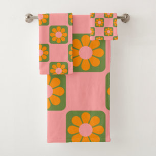 Cute Retro Hippie Flower Checkerboard Roze Groen Bad Handdoek