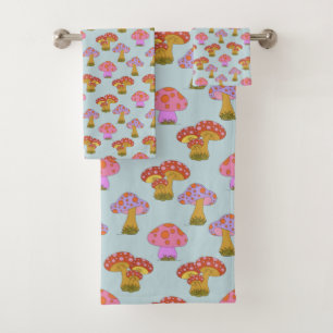 Cute Retro Hippie-paddenstoel Patroon in Pastel Bl Bad Handdoek