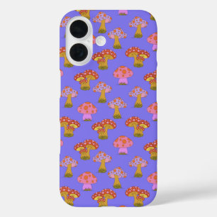 Cute Retro Hippie-paddenstoelpatroon in Paars iPhone 16 Hoesje