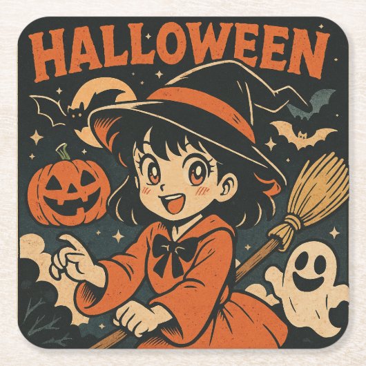 Cute retro Japanese cartoon Halloween Vierkante Kartonnen Onderzetter (Voorkant)
