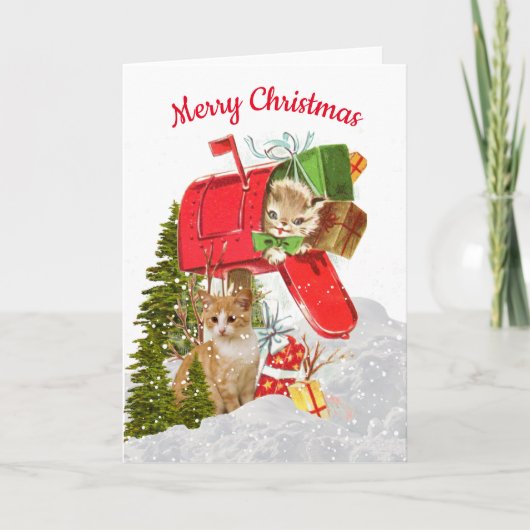 Cute Retro Kerstmis Cat/Mailbox Holiday Kaart (Voorkant)