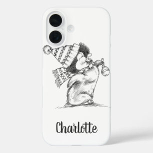 Cute Retro Kerstpinguïn met Pet en scarf iPhone 16 Hoesje