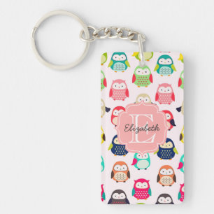 Cute Retro Litte Owls Monogrammed Sleutelhanger