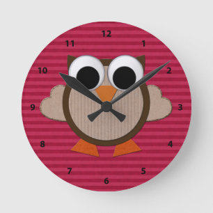 Cute Retro Owl Pink Stripe Clock Ronde Klok