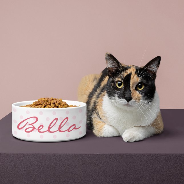 Cute Retro Pink Polka Dots Cat Kat Naam Voerbakje (Cute Retro Pink Polka Dots Cat Kitty Pet Name Food Bowl)